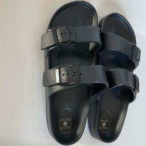 Two band slide black slip on sandals